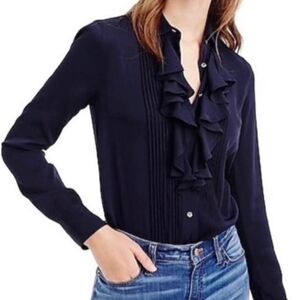 J.CREW Navy Blue Silk Pintuck Tuxedo Ruffle Front Blouse Shirt Top Size 10